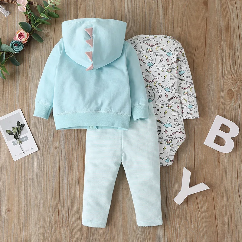 3PCS Newborn Baby Boy Girl Clothes Sets 2022 Spring Fall Animals Floral Warm Hooded Coat+Romper+Pants Newborn Baby Outfits