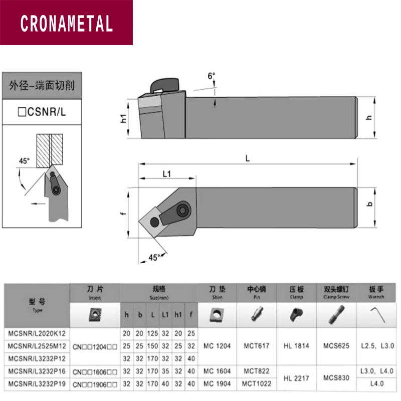outil de tour a metaux insert carbure 45 ° outil de tournage externe CNC porte-outil de tour MCSNR2020K12-2525M12