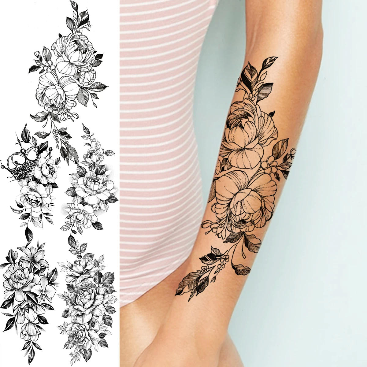 Black Dahlia Temporary Tattoos For Women Adult Girl Rose Flower Crown Peony Fake Tattoo Body Art Waterproof Half Sleeve Tatoos