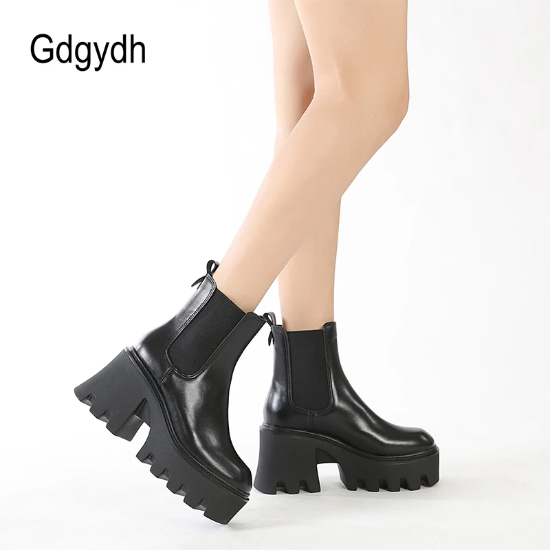 GDGYDH Slip-On Women Motorcycle Boots Square High Heels Thick Platform Female Ankle Boots Black Plus Sizes Chelsea Boots Women