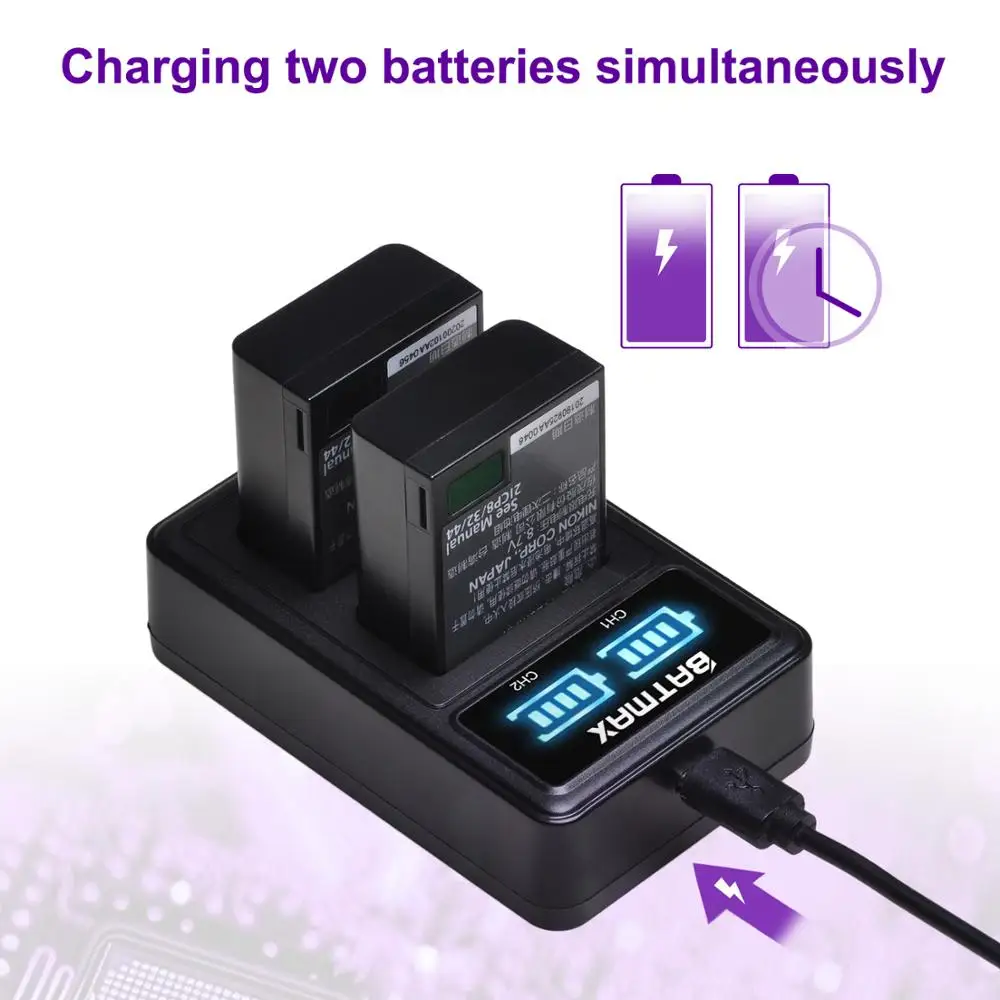 Batmax EN-EL25 EN EL25 1680mAh Battery + LED USB Dual Charger for Nikon Z30,Z50, Z50 ZFC, Z FC Camera MH-32 charger