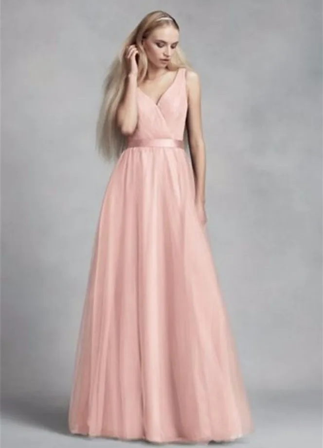 Rosa/Grigio Tulle Con Scollo A V Lungo Abito Da Damigella D'onore 2020 con Pizzo Posteriore Abiti Per Party Di Matrimonio Abiti Da Sera Abiti Da Cerimonia