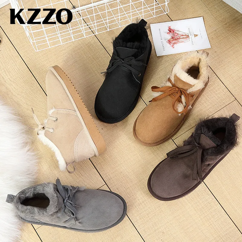 KZZO Australian Classic Sheepskin Leather Snow Boots For Women Natural Wool Fur Lined Ankle Winter Warm Shoes Casual Flat Boots