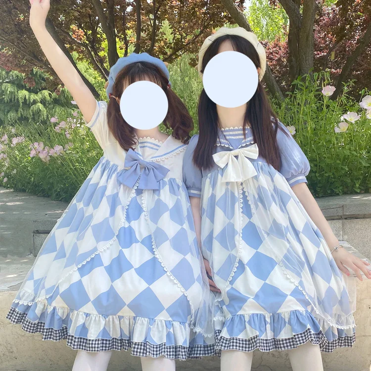 Meisje Lolita Navy Kraag Op Korte Mouwen Pod Jurk Blauwe Schattige Ruches Japanse Strik Kawaii Sweet Uniform Daily Kawaii Jurk