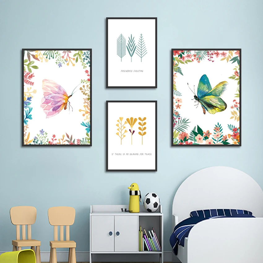 

Cute Cartoon Butterfly Animal Poster Art Print Leaf Canvas Painting Picture Home Wall Art Bedroom Modern Decoration Custom