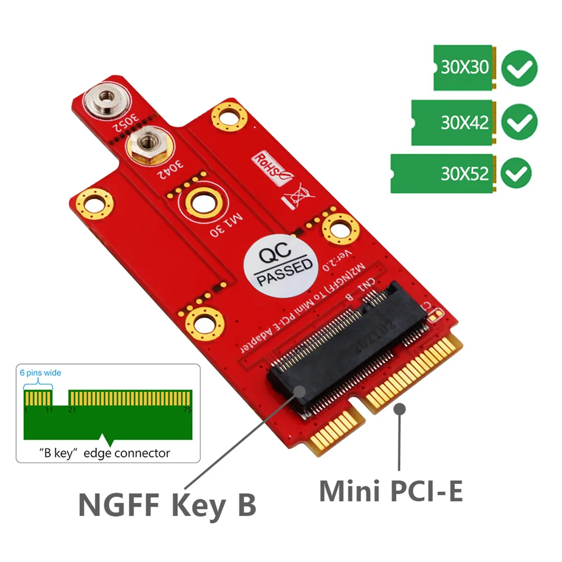 XT-XINTE M.2 Key B to Mini PCI-E Adapter for 3G / 4G / 5G Module Supports 3042/3052 Type M.2 for NGFF Card Dimension