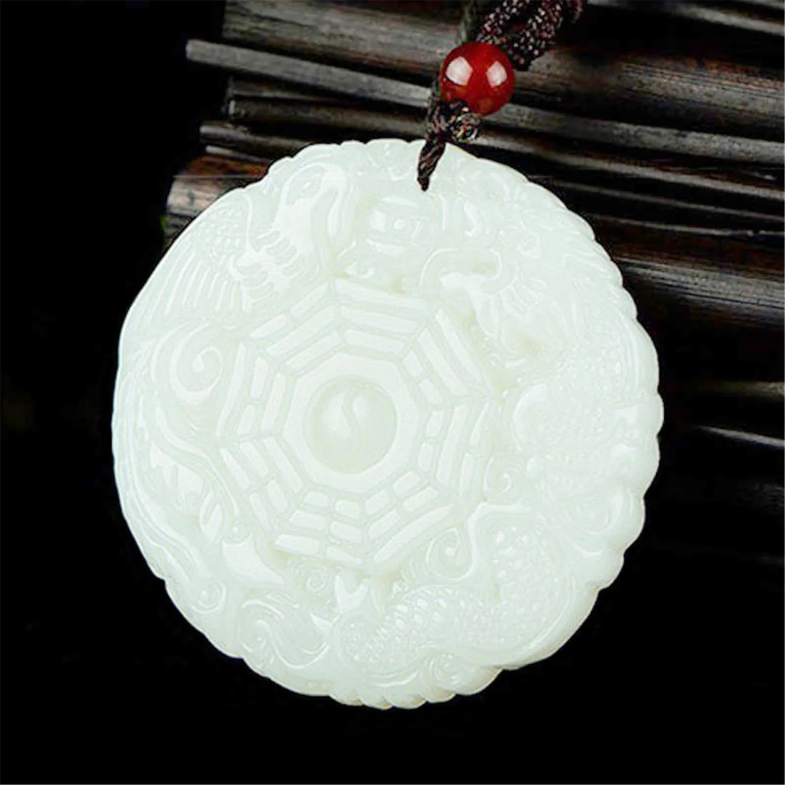 

Feng Shui Lucky Tai Chi Diagram Yin Yang Bagua White Nephrite Dragon and Phoenix Pendant Necklace for Men and Women Afghan Jade