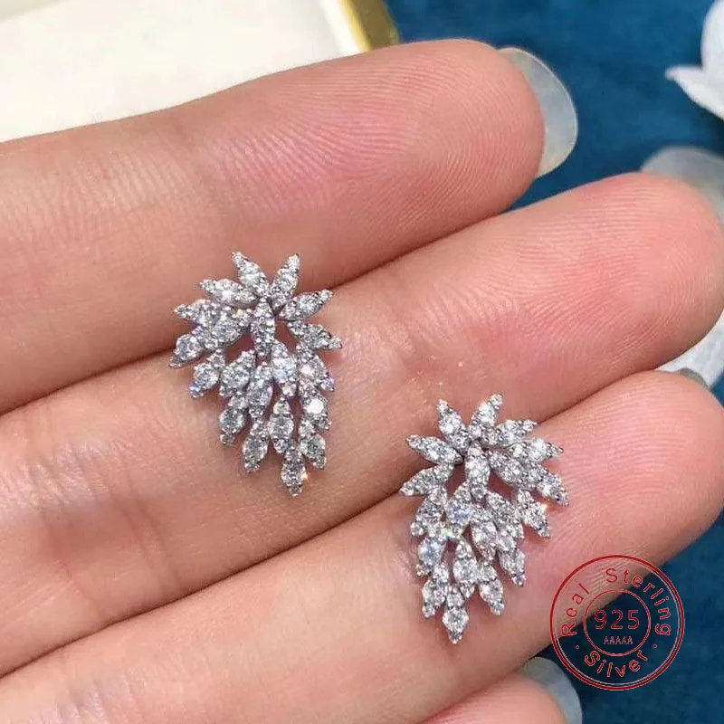 Rhinestone 925 Sterling SIlver Statement Earrings 2021 Geometric Big Leaf Feather Stud Earrings For Women Crystal Wedding Gift