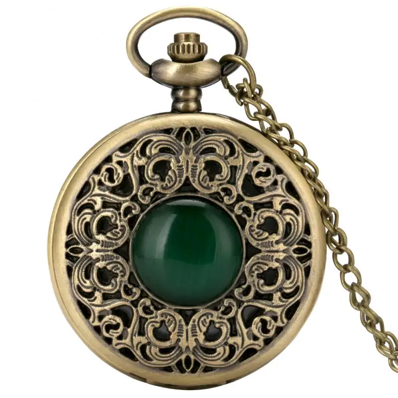 Exquisite Emerald-Green Stone Bronze Case Quartz Pocket Watch, Simples Dial Branco Cadeia Relógio, Colar Pingente para Homens e Mulheres