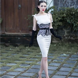 Europe and America Vintage Elegant Solid White Patchwork Black Lace Slim One-Piece Dress Spaghetti Strap Basic High Waist Dress