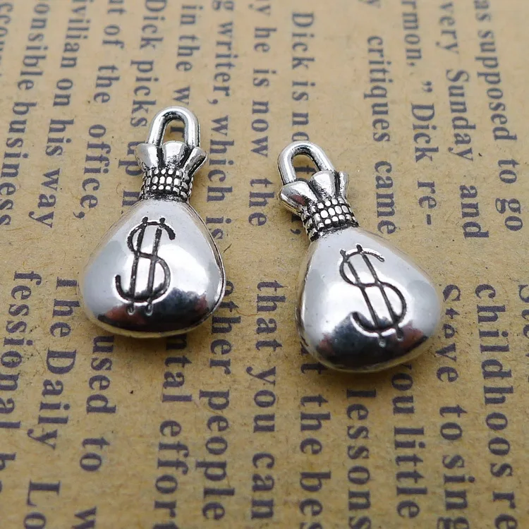 Pendants For Bracelets 10 Pieces 10x17mm Antique Silver Color Dollar Sign Money Bag Charms