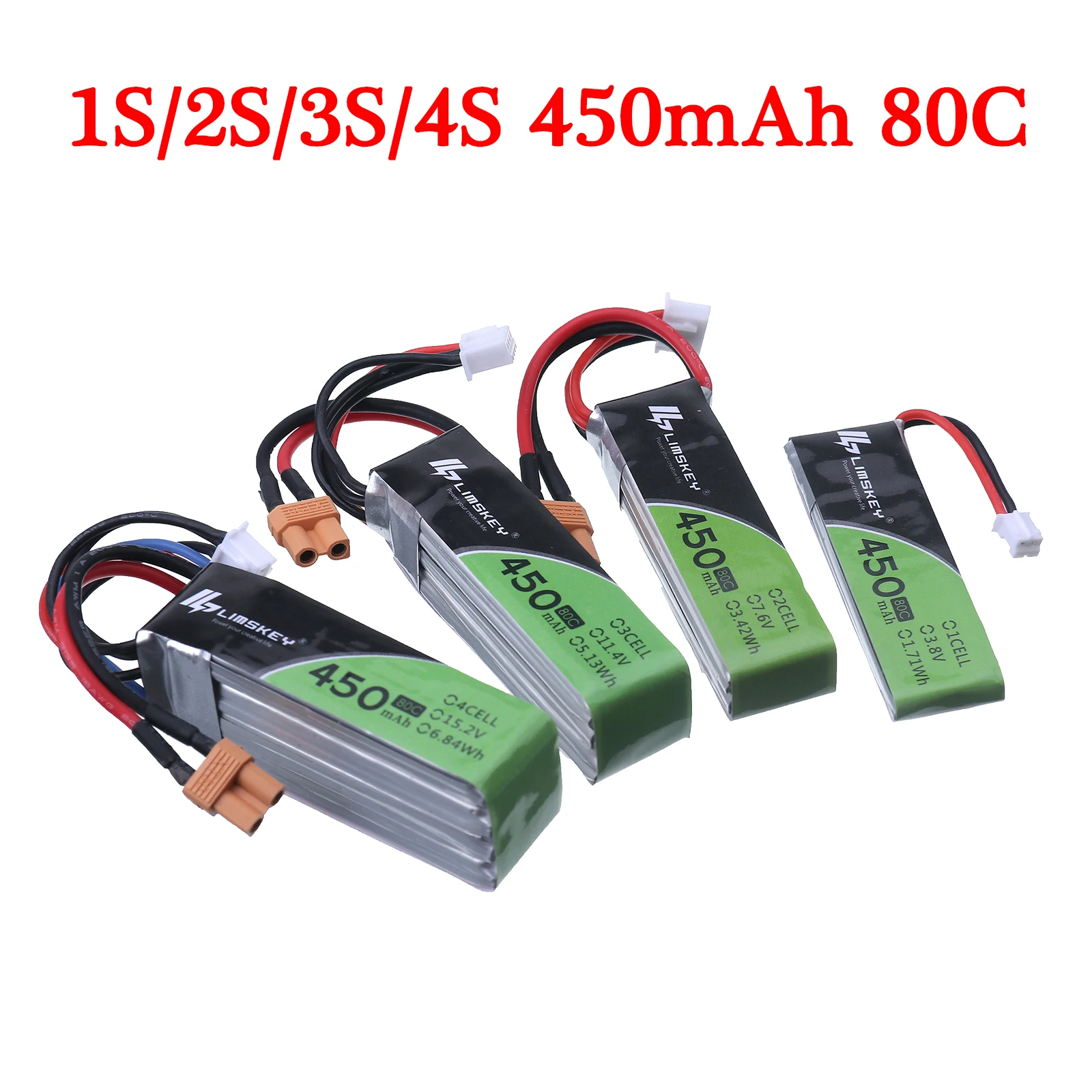 1S/3.8V 2S/7.6V 3S/11.4V 4S/15.2V 450MAH 80C Lipo Battery XT30 Plug for RC CineBee Cine Whoop BetaFPV Quadcopter Toothpick Drone