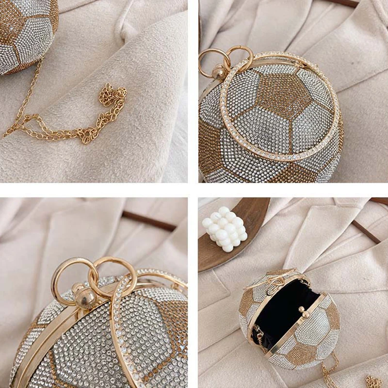 Pochettes de basket-ball en diamant de luxe pour femmes, forme de football, sac à main et sac à main de fête de mariage, sac de soirée en argent doré