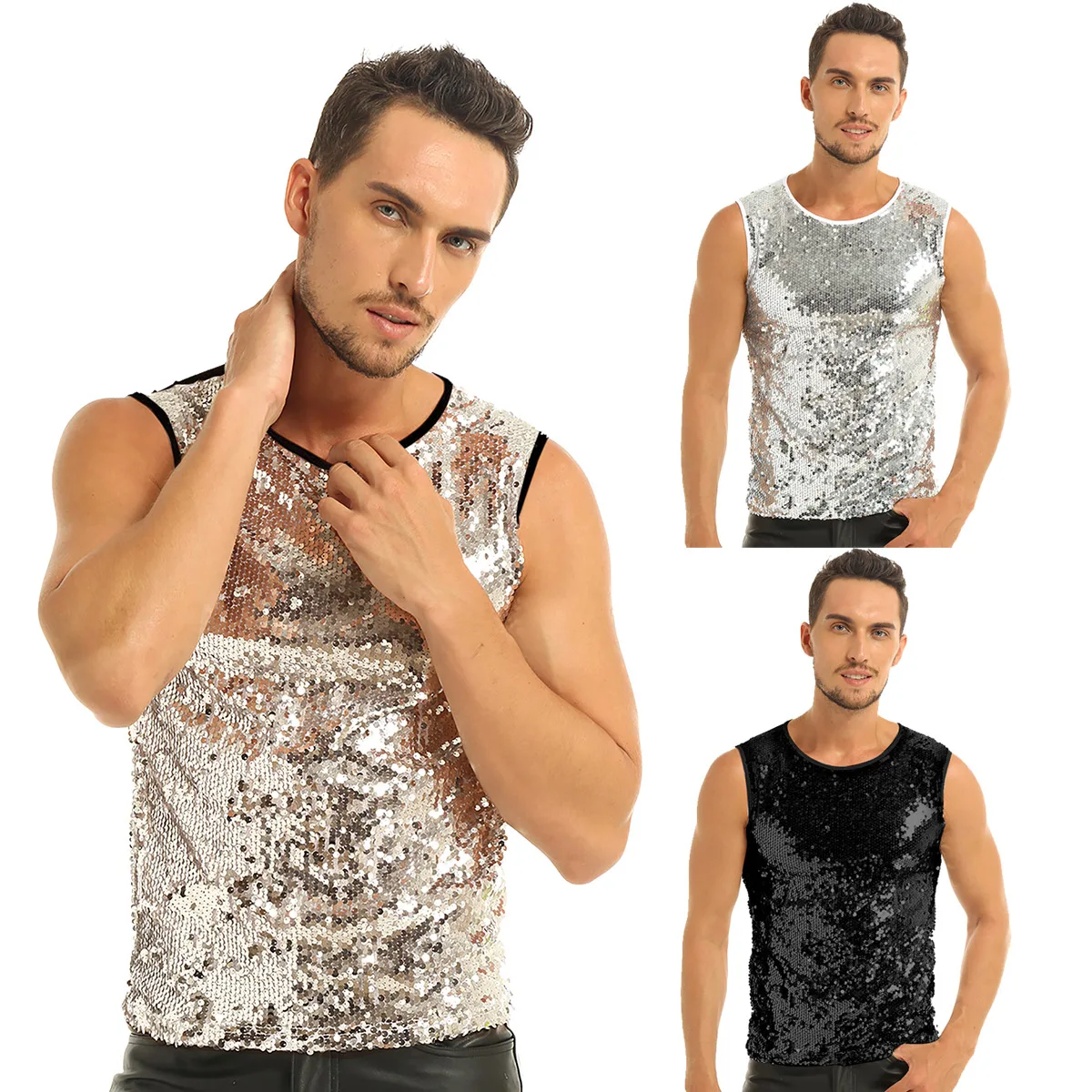 Mens Shiny Sequins Sleeveless Tank Top Slim Fitted Crop Top Vest Tee T-shirts Stage Performance Costume Clubwear