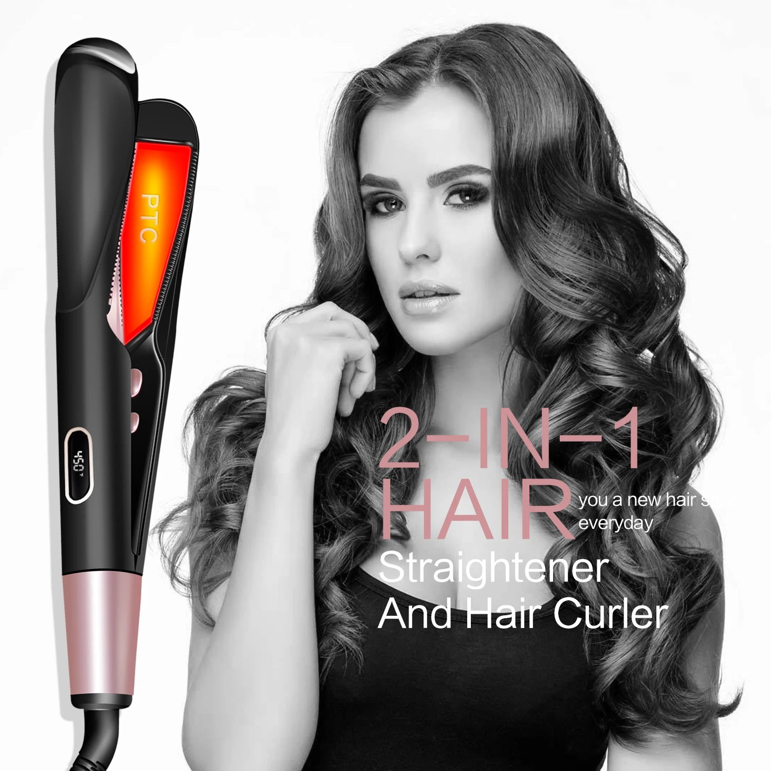 

2 In 1 Hair Straightening and Curler Adjustable Temperature Straightening Iron Fast Heating Hair Curler Styling Tools