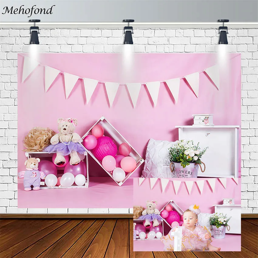 

Mehofond Birthday Party Backdrops Pink Balloon Flower Toy Bear Photography Backgrounds Photo Studio Photozone Photocall Decor