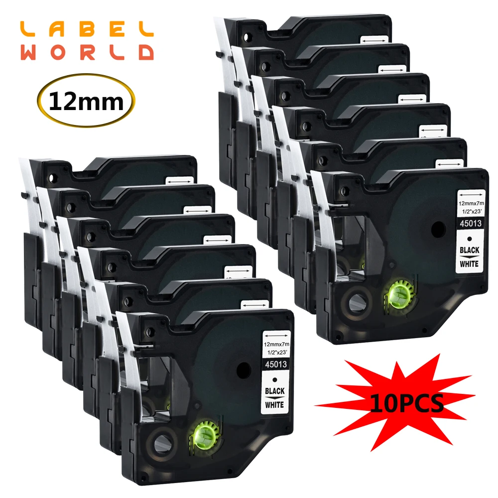 

10 pcs Compatible Dymo D1 6/9/12/19mm 45013 tapes Black on White ribbon cassette for Dymo label manager LM 160 280 label maker