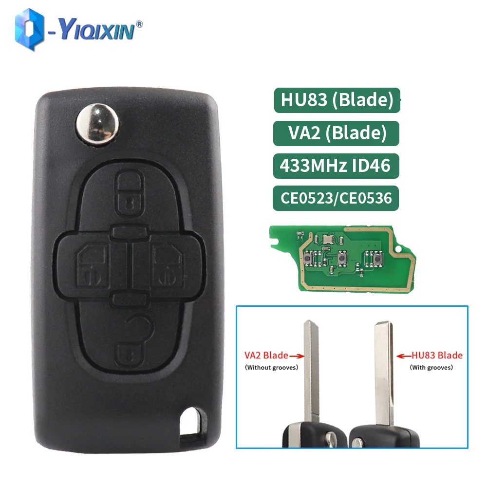 YIQfeast-Clé Télécommande à 4 lèvent pour Voiture, ASK CE0523, KIT 807 1007 433Mhz, Cristaux en C8 2002-2014 VA2/82 HUID46, Puce PCF7941