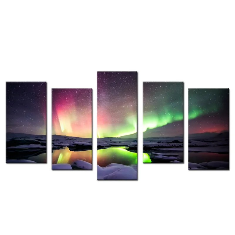 

5 Pieces Beautiful Aurora Wall Art Canvas Painting Arctic Glacier Print Poster Modern Style Picture Living Room Home Decor
