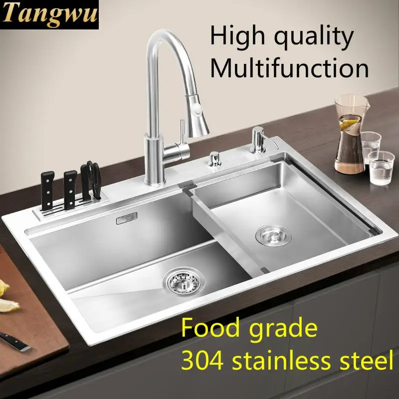 Free shipping Apartme big kitchen manual sink single trough 304 stainless steel push-button drainer luxury hot sell 77x48 CM