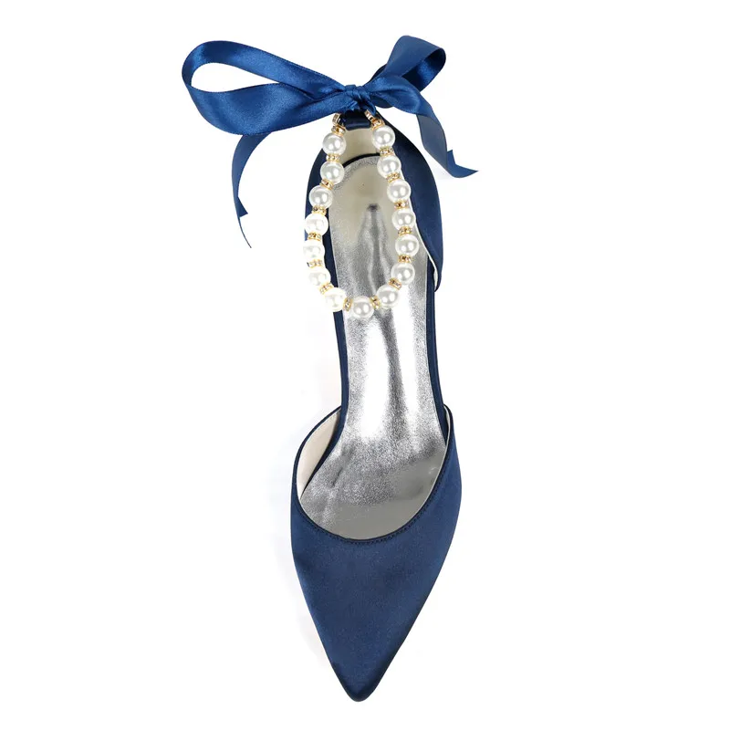 Kitten Heels Wedding Shoes for Bride Satin Pearls Pointed Toe Mid Heels Bridal Pumps Prom Evening Formal Party Dress Shoes