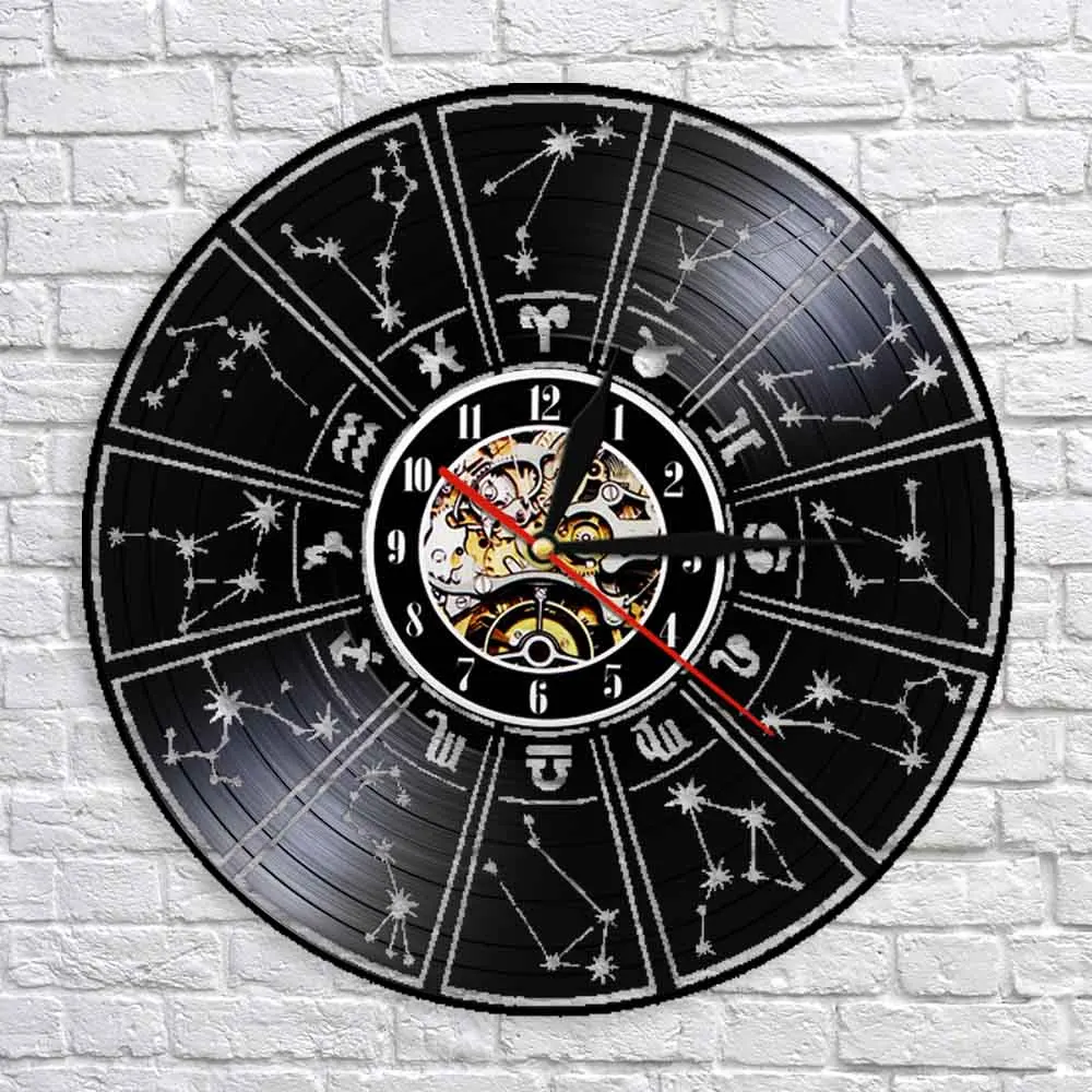 Twelve Constellations Wall Clock Home Decoration Black Vinyl Record Hanging Modern Watches Decor For Constellation Enthusiast