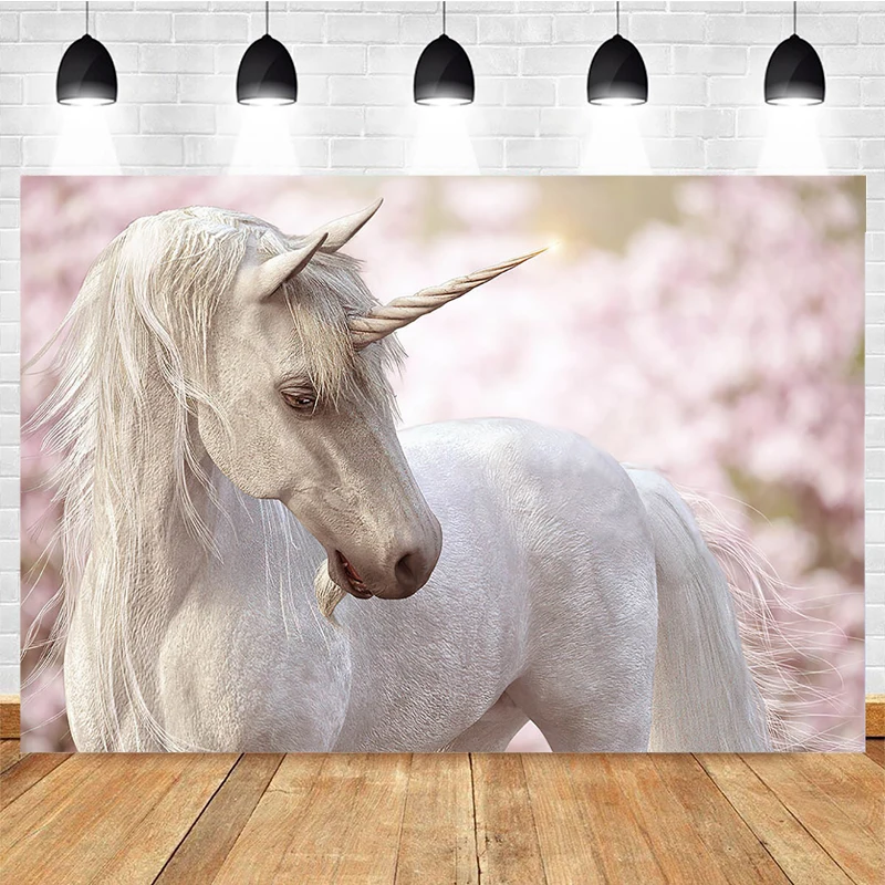 Mocsicka Unicorn Photography Background Cherry Blossom White Horse Decoration Style Baby Shower Child Portrait Bacdrops Banner