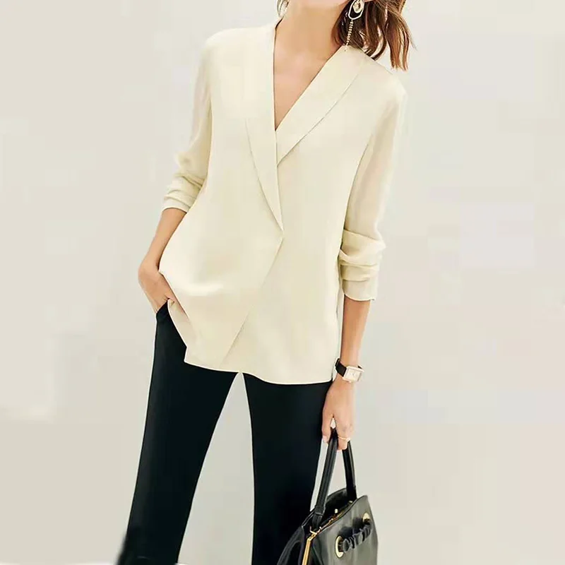 100% Double layer Silk Blouse Formal Shirt Solid Deep V-Neck Long Sleeves Office Tops Elegant Style New Fashion