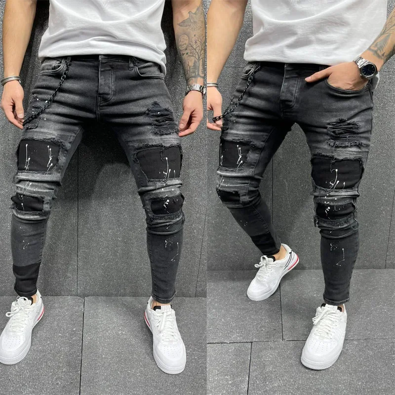 

European and American new slim denim men's trousers trend men's ripped jeans personality dripping paint ripped feet pants