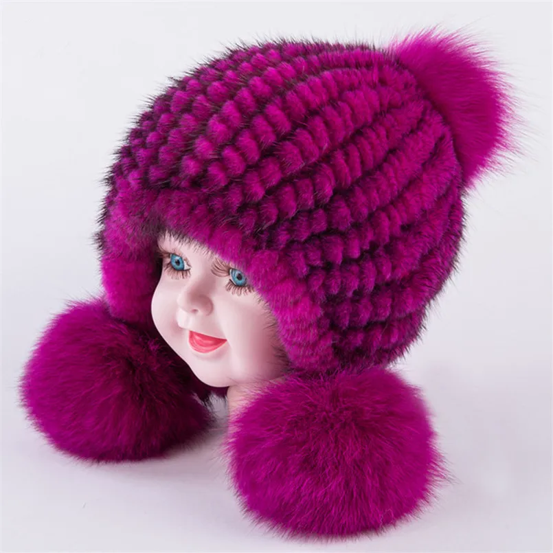 New Arrival Winter Hat for Baby Girl Boy Child Caps of Real Mink Fur Cap with Big Pompom Ball Fashion Warm Knitting Headwear H30