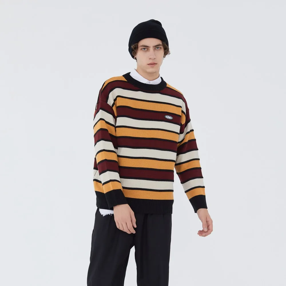 

Color Block Striped Nice Vintage Clothes Knitted Retro Sweater Harajuku Men Clothing Pull Homme Tops Sweaters Pullover Sweter