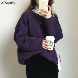 Swetry damskie Vintage Purple Harajuku proste Ulzzang modne damskie dzianiny z długim rękawem zimowa, jesienna Basic Femme sweter Chic