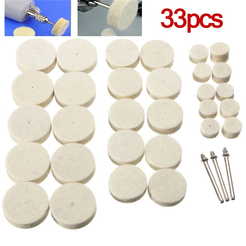 Juego de almohadillas para mopa de rueda de lana redonda, almohadilla de pulido de fieltro suave, superficie compuesta para Dremel, herramienta de molino de pulido de encerado rotativo, 33 unids/set