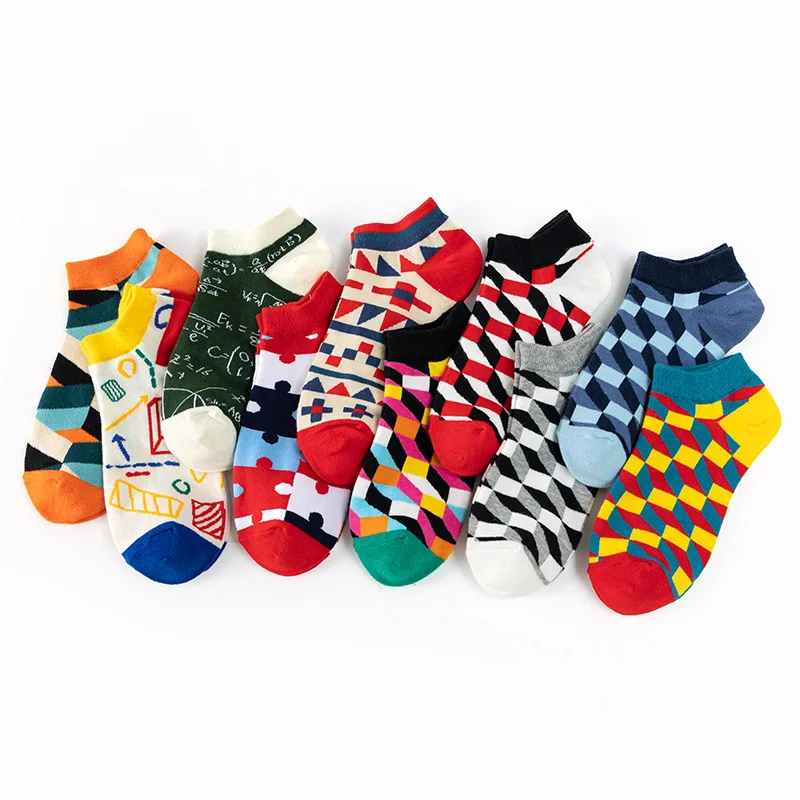 4 pairs Men\'s And Women\'s Latest Design Boat Socks Short Summer Socks Quality Business Geometric Lattice Colorful  Cotton Socks