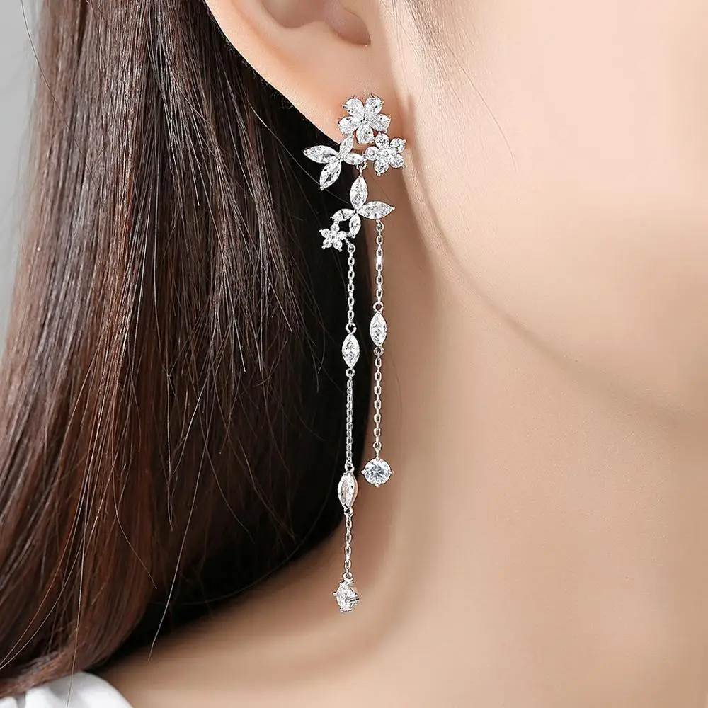 LUOTEEMI Trendy Fairy Flower Long Tassel Drop Dangle Earrings for Women Bridal Wedding Girl Daily Wear CZ Fashion Jewelry Gifts