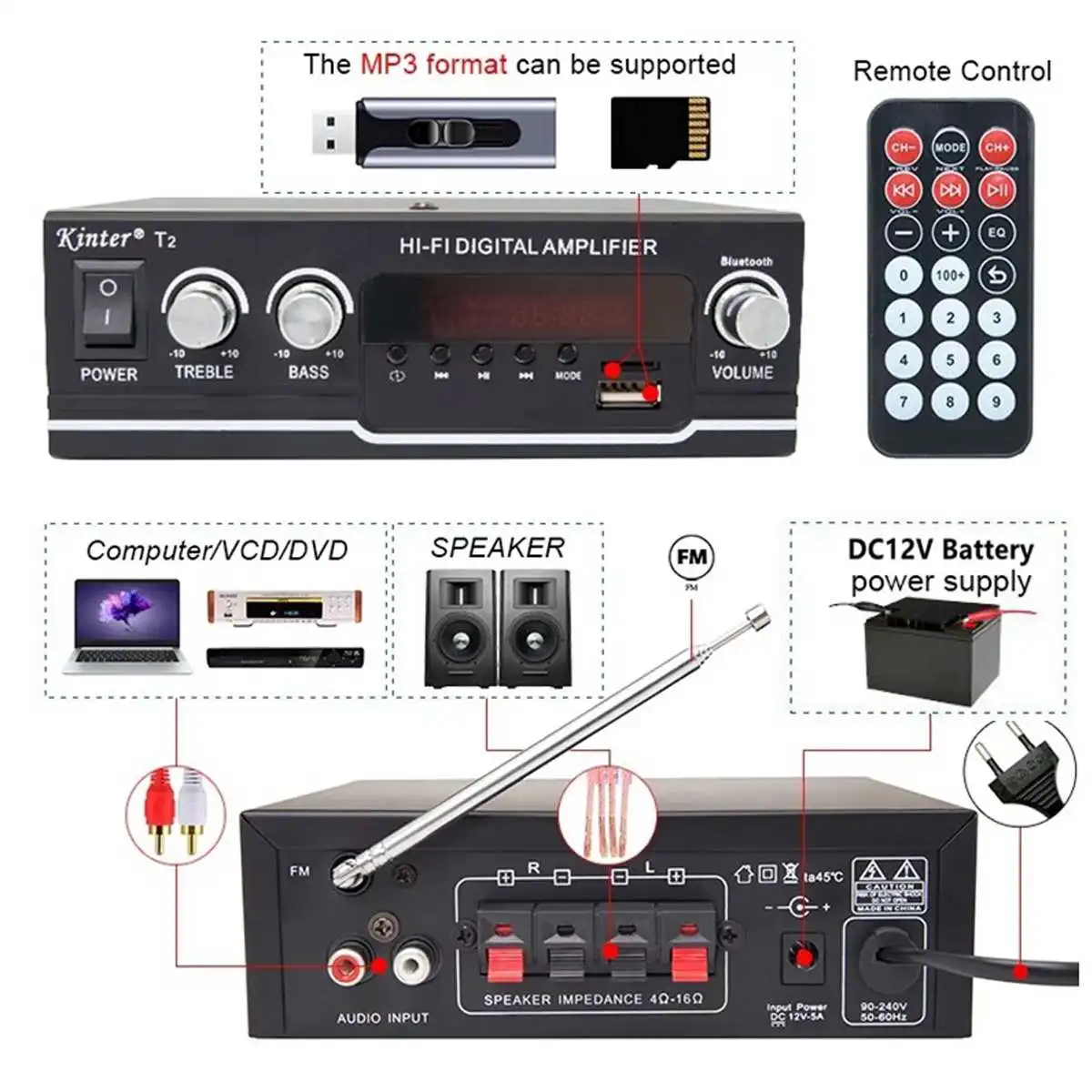 800w eu/us hifi Bluetooth-Audio verstärker digitaler Heim-/Auto-Leistungs verstärker Stereo-Subwoofer-Musik-Player mit Fernbedienung