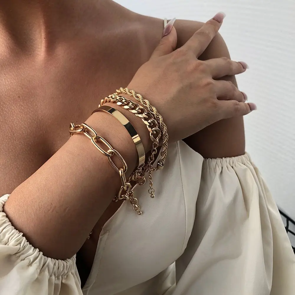 New Bohemia Chain Cuff Bracelet Set For Women Trendy Gold Color Twisted Rope Bangle Female Fashion Jewelry Gift