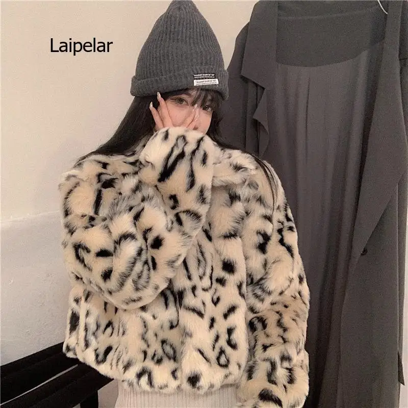 Fashion Leopard Short Furry Jacket Womens Spring Keep Warm Faux Fur Coat Woman Korean Turn-down Collar Plush Coats