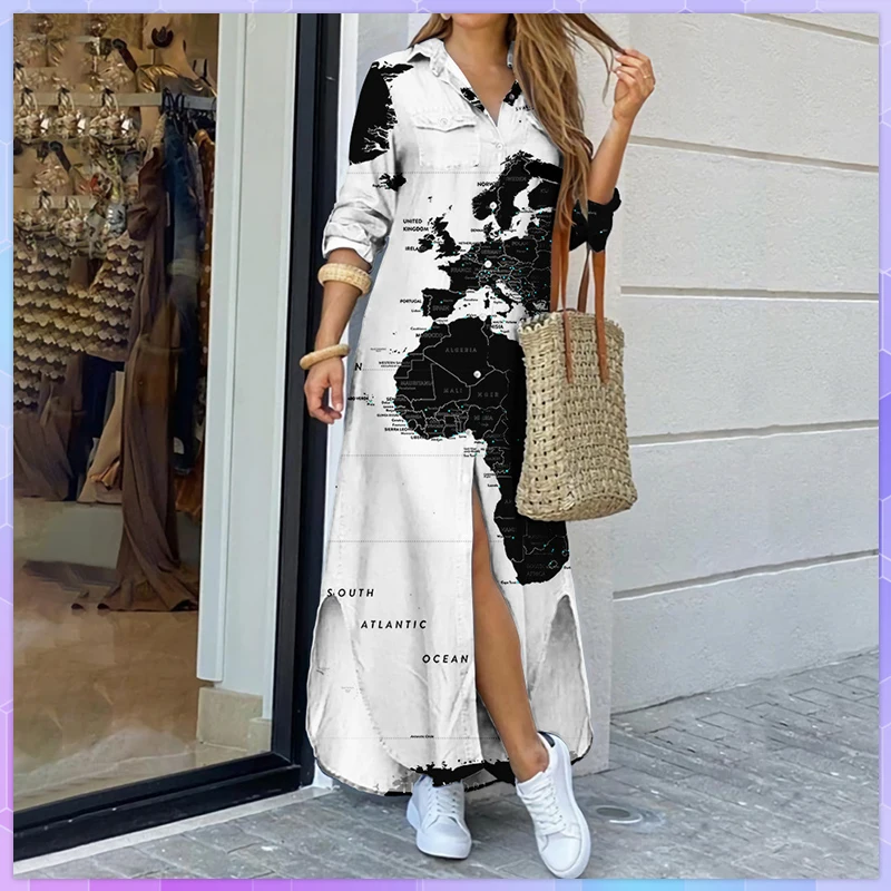 Women's Long Dresses 3D Cross-Border World Map Pattern Printing Lapel Shirt Fashion Plus Size Maxi Dress Womens Clothing Vestido