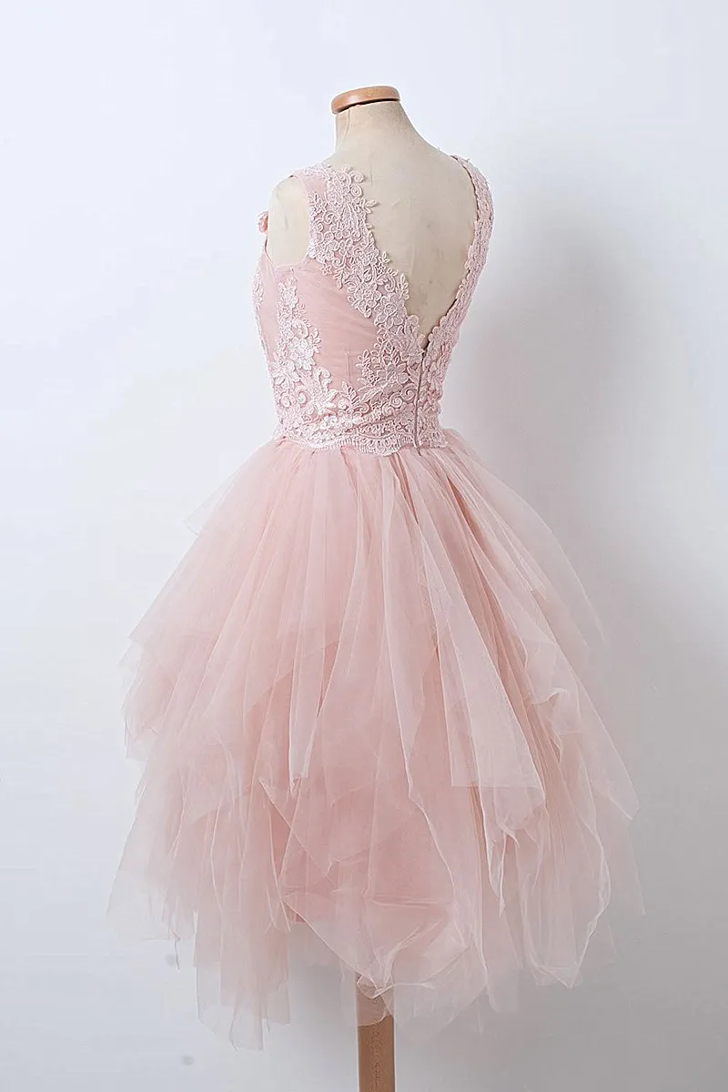 Rose Pink Cocktail Dresses 2020 A-line Sleeveless V-neck Crop Top Applique Laces Ruffel Formal Dress платья знаменитостей