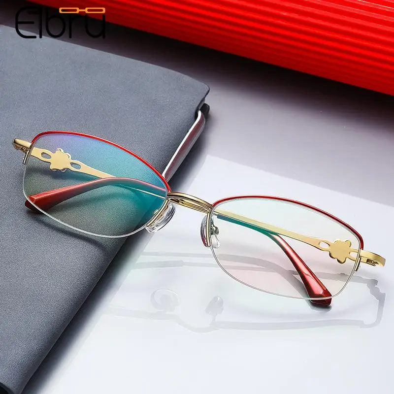 

Elbru Metal Diamond Inlay Petal Reading Glasses Fashion Half Frame Anti-blue Light Woman High Definition Presbyopic Eyeglasses