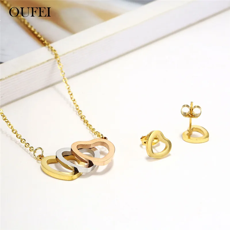 OUFEI Stainless Steel Jewelry Sets Heart Necklace Set Of Earrings For Women Jewellery Summer Accessories Woman Vogue 2019