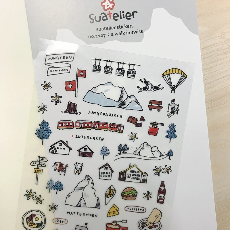 Suatelier Journal Stickers Walk in Swiss Snow-Capped Mountains DIY Scrapbooking Material Craft Supplies Hobbies Stationery