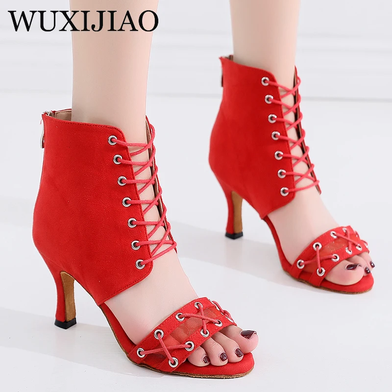 WUXIJIAO Latin dance shoes women's high heels black England boots comfortable salsa shoes salsa party shoes with zipper back