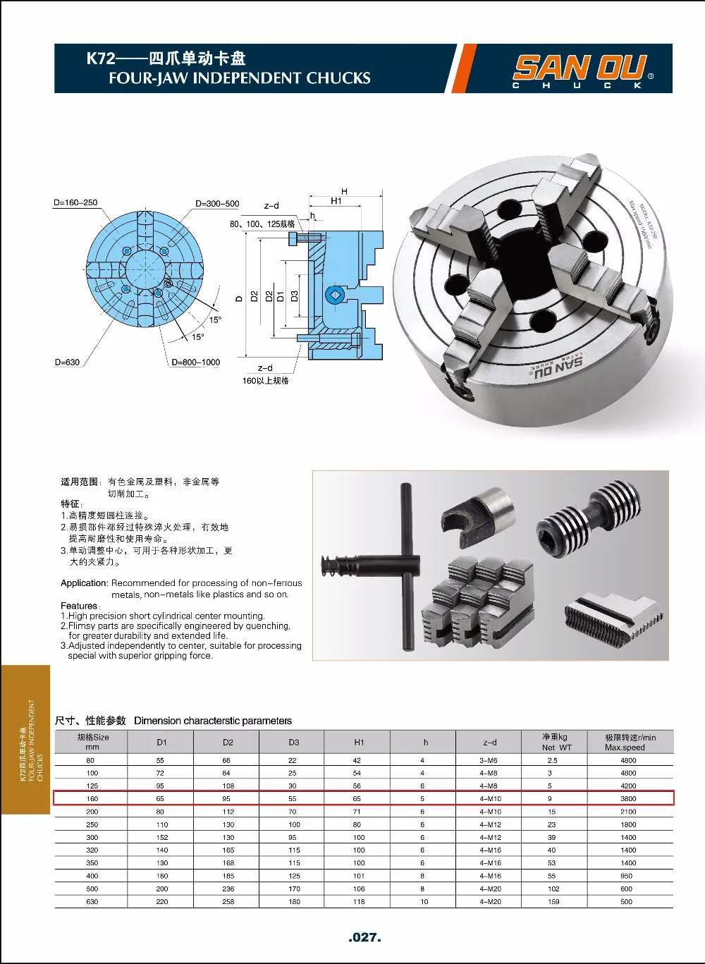 SAN OU Lathe Chuck 160mm Four Jaw Independent Chuck K72-160 Front Four Hole 4 Jaw Lathe Card