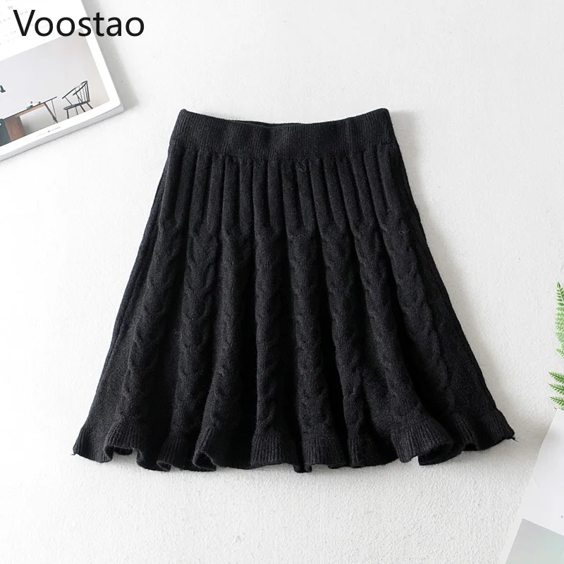 Autumn Winter Women Preppy Chic Ruffles Knitted Mini Skirts Casual Solid High Waist A-Line Faldas Mujer Girls Harajuku Skirt