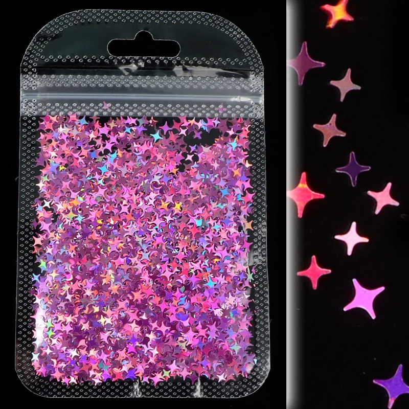 3D Holographic Nail Star Sequins Glitter Colored Four-pointed Stars Laser Nail Glitter Sequins Nail Art Decoration Accessories