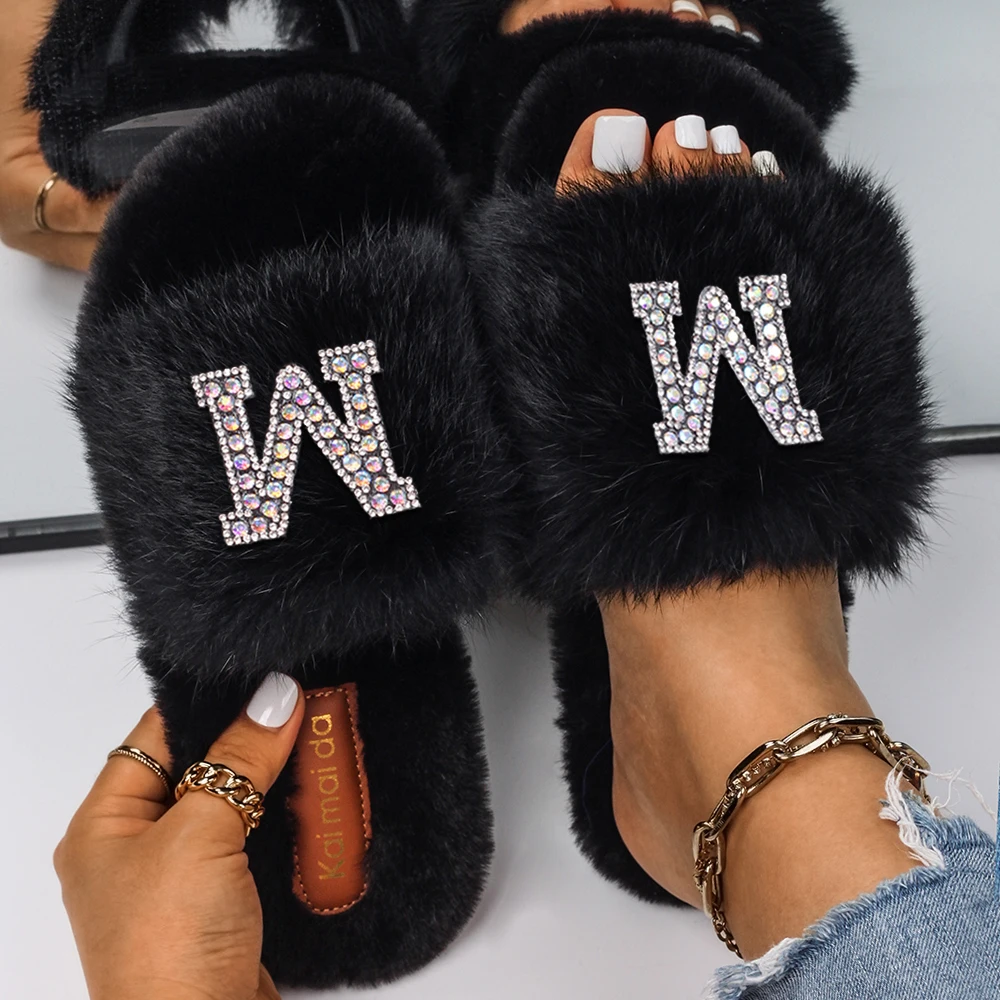 Letter Faux Fur Slippers Women Luxury Rhinestone Sandals Slides Flip Flops Designer Customized Personalized Gift Custom Name