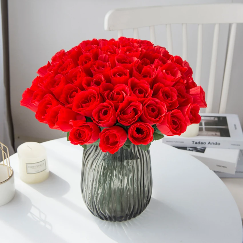 10 Stück rote Rosen, Blumenstrauß, Vase für Heimdekoration, Garten, Hochzeit, dekorative Kränze, DIY-Handarbeit, Blumenarrangement, künstliche Blumen – Detail 16
