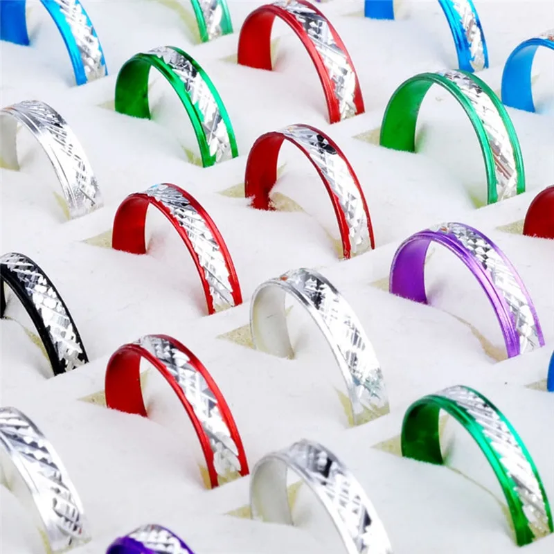 Wholesale 100Pcs Lots Mixed Colored Aluminum Women\'s Ring Fashion Unisex Finger Rings Jewelry Gift